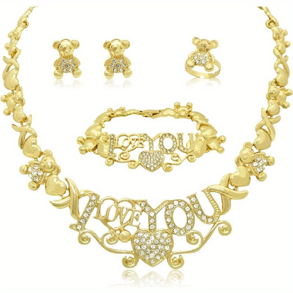 Women Jewelry Necklace Set 18K Gold Plated Bride Bridesmaid Fashion Rhinestone Wedding Jewelry Necklace Earrings Bracelet Ring 4 Pieces Set